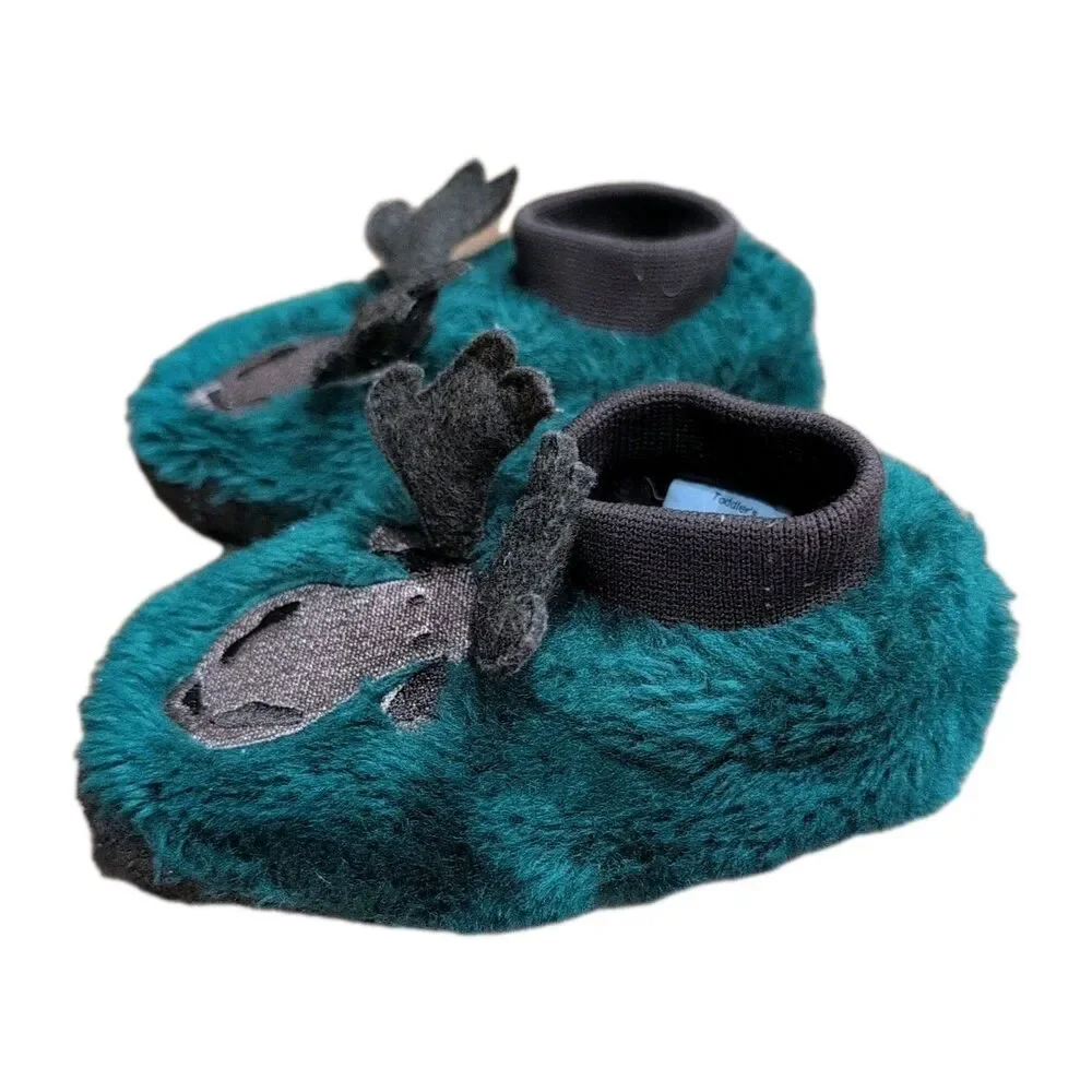 LL Bean Toddler Moose Antlers Slippers Size 5-6 Green Animal Paws Socks Slip Ons